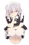  1girl absurdres accidental_exposure apron bangs black_dress black_footwear blue_eyes breasts cameltoe cat_cutout cleavage cleavage_cutout clothing_cutout dress eyebrows_visible_through_hair grey_hair hair_between_eyes highres kantai_collection kashima_(kancolle) knees_together_feet_apart looking_at_viewer maid maid_apron maid_headdress medium_breasts medium_hair panties pantyshot puffy_short_sleeves puffy_sleeves short_sleeves simple_background smile solo squatting takaman_(gaffe) thighhighs thighs tray two_side_up underwear waist_apron white_background white_legwear white_panties 