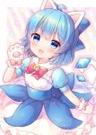  1girl adapted_costume animal_ears animal_hands bell blue_bow blue_dress blue_eyes blue_hair blush bow cat_ears cat_paws cat_tail cirno detached_wings dress eyebrows_visible_through_hair fairy gloves hair_between_eyes hair_bow highres ice ice_wings jingle_bell open_mouth paw_gloves pjrmhm_coa puffy_short_sleeves puffy_sleeves short_hair short_sleeves smile solo star_(symbol) tail touhou wings 