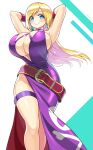  1girl armpits arms_behind_head bangs blonde_hair blue_eyes breasts bursting_breasts choker commentary_request dress earrings eyebrows_visible_through_hair fatal_fury garou:_mark_of_the_wolves highres huge_breasts jenet_behrn jewelry long_hair presenting_armpit purple_choker purple_dress raised_eyebrows shuz_(dodidu) smile solo swept_bangs the_king_of_fighters thigh_strap thighs 