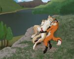  absurd_res anatomically_correct anatomically_correct_genitalia anthro balls bodily_fluids canid canine canis coyote cuddling cum duo forest forest_background fox genital_fluids genitals gthusky hi_res lake male male/male mammal mountain mutual_masturbation nature nature_background orgasm penis plant tree 