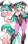  1girl absurdres armpits arms_up back bat_wings black_leotard breasts bridal_gauntlets cleavage clothing_cutout collarbone demon_girl detached_sleeves enpe feather_trim green_eyes green_hair head_wings heart_cutout highres large_breasts leotard long_hair looking_at_viewer morrigan_aensland multiple_views pantyhose simple_background smile solo vampire_(game) white_background wings 