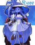  absurdres blue_eyes blue_hair blue_skin cloak colored_skin doll_joints dress elden_ring extra_arms extra_faces fur_cloak hat highres joints outline ranni_the_witch tony_welt water_drop white_dress witch_hat 