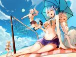  ahoge blonde_hair blue_hair breasts cleavage dress grey_hair hair_ornament highres hololive legs long_hair looking_at_viewer medium_breasts momosuzu_nene navel nepolabo omaru_polka pointy_ears shishiro_botan skirt sue_(bg-bros) summer swimsuit umbrella volleyball volleyball_net yukihana_lamy 