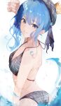  1girl absurdres arm_up ass bangs beret bikini blue_eyes blue_hair breasts crown eyebrows_visible_through_hair from_behind grey_bikini grey_headwear grin hair_between_eyes halterneck hat highres hololive hoshimachi_suisei long_hair looking_at_viewer looking_back medium_breasts mini_crown plaid plaid_bikini plaid_headwear sidelocks smile solo star_(symbol) star_in_eye swimsuit symbol_in_eye twisted_torso virgo76612871 virtual_youtuber water 