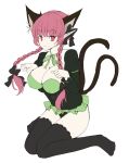  1girl adapted_costume animal_ears black_legwear bow braid breasts cat_ears cat_tail cleavage extra_ears full_body jyaoh0731 kaenbyou_rin large_breasts light_smile long_hair looking_at_viewer multiple_tails nekomata paw_pose pointy_ears red_eyes red_hair simple_background sitting solo tail thighhighs touhou twin_braids unfinished wariza white_background 