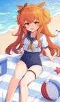  1girl animal_ears ball banned_artist beach brown_ribbon covered_navel cp00 ear_ribbon eyebrows_visible_through_hair highres horse_ears horse_girl horse_tail long_hair looking_at_viewer mayano_top_gun_(umamusume) ocean open_mouth orange_eyes orange_hair outdoors ribbon sand short_sleeves smile tail umamusume 