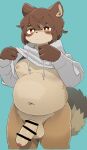  2022 anthro balls belly big_belly blue_background blush brown_body canid canine censored clothing genitals hi_res hoodie humanoid_genitalia humanoid_hands humanoid_penis kemono male mammal moobs navel nipples overweight overweight_male penis raccoon_dog si_ra_ta_ma3 simple_background solo tanuki topwear 