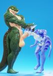  abs alligator alligatorid anthro balls big_balls big_penis black_hair blue_background blue_body blue_eyes connivingrat crocodilian dahsharky_(character) duo face_fucking fish genitals girly green_body hair hand_on_head helm_(connivingrat) hi_res humanoid_genitalia humanoid_penis irrumatio looking_at_viewer male male/male male_penetrated male_penetrating male_penetrating_male marine muscular muscular_male nude oral oral_penetration penetration penile penis reptile scalie sex shark simple_background size_difference striped_body stripes yellow_sclera 