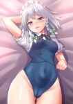  1girl :d arm_behind_head bangs bed bed_sheet blue_eyes blue_leotard braid cameltoe commission frills izayoi_sakuya leotard looking_at_viewer lying maid maid_headdress medium_hair open_mouth short_sleeves skeb_commission smile solo thighs tokyo_yamane touhou touhou_tag_dream twin_braids white_hair wrestling_outfit 