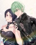  1boy 1girl armor bare_shoulders black_choker blue_hair bodice breasts byleth_(fire_emblem) byleth_(fire_emblem)_(male) choker cleavage collarbone commission couple fire_emblem fire_emblem:_three_houses graxiakaz green_eyes green_hair highres looking_at_another medium_breasts purple_eyes shamir_nevrand short_hair smile tagme upper_body watermark 