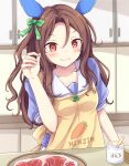  1girl animal_ears apron breasts brown_hair collarbone commentary_request food highres horse_ears horse_girl king_halo_(umamusume) kitchen meat medium_hair meme neko_mata salt salt_bae_(meme) school_uniform smile solo umamusume 