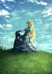  1girl ahoge animal_ears atalanta_(fate) black_gloves blonde_hair boots dress fate/apocrypha fate_(series) gloves green_dress green_eyes highres kaze_minoru_so-ru long_hair looking_up profile sitting sitting_on_rock tail thigh_boots thighhighs 