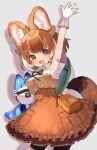  1girl animal_ears bike_shorts_under_skirt black_shorts blush brown_hair brown_shirt brown_skirt collared_shirt commentary_request cowboy_shot dhole_(kemono_friends) dog_ears dog_girl dog_tail eyebrows_visible_through_hair gloves green_eyes high-waist_skirt highres kemono_friends kemono_friends_3 lucky_beast_(kemono_friends) multicolored_hair noamem official_alternate_costume shirt shorts skirt smile tail two-tone_hair two-tone_shirt uniform waving white_gloves white_hair white_shirt 