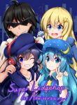  beret black_hair blonde_hair blue_eyes blue_hair chizuru_(super_ledgehop) crescent glasses hair_ornament hairclip hat headphones hitodama ichika_yuuto kamina_shades kredorf liz_(super_ledgehop) long_hair mob_cap open_mouth purple_eyes short_hair smile star_(symbol) super_ledgehop:_double_laser tito_(super_ledgehop) 