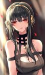  1girl bangs banned_artist bare_shoulders black_dress black_hair breasts cleavage commentary dress hair_between_eyes hairband highres large_breasts long_hair petals red_eyes rose_petals shimizu_akina sidelocks solo spy_x_family upper_body yor_briar 