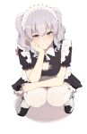  1girl absurdres apron bangs black_dress black_footwear blue_eyes breasts cat_cutout cleavage cleavage_cutout clothing_cutout dress eyebrows_visible_through_hair grey_hair hair_between_eyes highres kantai_collection kashima_(kancolle) knees_together_feet_apart looking_at_viewer maid maid_apron maid_headdress medium_breasts medium_hair puffy_short_sleeves puffy_sleeves short_sleeves simple_background smile solo squatting takaman_(gaffe) thighhighs two_side_up waist_apron white_background white_legwear 