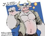  anthro asterion_(minotaur_hotel) bottomwear bovid bovine clothed clothing european_mythology gesture greek_mythology hi_res leo_zeke looking_at_viewer male mammal minotaur minotaur_hotel muscular muscular_male mythology open_clothing open_shirt open_topwear pants pointing pointing_at_self shirt showing_chest solo spanish_text text topwear 