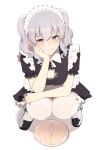  1girl absurdres accidental_exposure apron bangs black_dress black_footwear blue_eyes breasts cameltoe cat_cutout cleavage cleavage_cutout clothing_cutout dress eyebrows_visible_through_hair grey_hair hair_between_eyes highres kantai_collection kashima_(kancolle) knees_together_feet_apart looking_at_viewer maid maid_apron maid_headdress medium_breasts medium_hair mirror panties pantyshot puffy_short_sleeves puffy_sleeves short_sleeves simple_background smile solo squatting takaman_(gaffe) thighhighs thighs tray two_side_up underwear waist_apron white_background white_legwear white_panties 