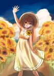  1girl :d alternate_costume belt brown_hair cloud cloudy_sky dirt_road dress elun_(elun_00) field flower flower_field grass hair_down hat highres hololive hololive_english jewelry long_hair nanashi_mumei necklace road sketch sky smile solo straw_hat sundress sunflower very_long_hair virtual_youtuber waving yellow_eyes 