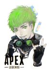  1boy apex_legends black_gloves copyright_name fingerless_gloves gloves goggles goggles_removed green_eyes green_hair hair_behind_ear highres holding holding_goggles logo male_focus octane_(apex_legends) parted_lips portrait smile solo syringe white_background yao_(ama8) 