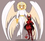  absurd_res ambiguous_gender angel biblically_accurate_angel breasts clothing demon demon_humanoid duo female flat_chested gloves handwear hi_res humanoid idolomantises multi_eye muscular not_furry pecs simple_background succubus wings yellow_eyes 