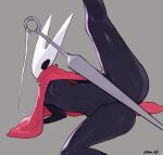  2022 anthro arthropod bebebebebe biped black_body breasts cloak clothing digital_media_(artwork) featureless_breasts female grey_background hi_res hollow_knight hornet_(hollow_knight) insect melee_weapon raised_leg simple_background solo spread_legs spreading sword team_cherry video_games weapon white_face 