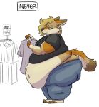  2022 ambiguous_gender anthro blonde_hair blue_eyes bottomwear canid canine canis clothed clothing colored coyote disappointed english_text exposed_belly fur hair holding_clothing holding_object mammal mottled mottled_body mottled_fur nonbinary_(lore) obese obese_ambiguous obese_anthro overweight overweight_ambiguous overweight_anthro pants rain_(vanillayote) shirt shopping side_cut simple_background solo standing t-shirt tan_body tan_fur text topwear vanillayote weight_gain white_background yellow_sclera 