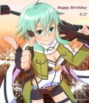  1girl aqua_hair black_gloves black_shorts breasts cleavage closed_mouth cowboy_shot fingerless_gloves gloves green_eyes green_jacket gun hair_ornament hairclip happy_birthday highres holding holding_gun holding_weapon jacket leotard leotard_under_clothes looking_at_viewer medium_breasts open_clothes open_jacket pgm_hecate_ii rifle scarf shiny shiny_hair short_hair_with_long_locks short_shorts shorts sidelocks sinon smile sniper_rifle solo standing sword_art_online thigh_strap tu_tora2 twitter_username weapon white_leotard white_scarf 