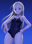  1girl ass_visible_through_thighs blonde_hair blue_background blue_eyes breasts clenched_hand covered_navel gradient gradient_background hands_on_hips jewelry kofune_ushio long_hair looking_at_viewer necklace one-piece_swimsuit shell_necklace small_breasts smile standing summertime_render swimsuit vierosky 
