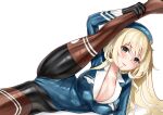  1girl alternate_costume atago_(kancolle) beret black_bodysuit blonde_hair blue_bodysuit blue_headwear bodysuit breasts brown_bodysuit green_eyes hat highres kantai_collection large_breasts long_hair minase_(takaoka_nanase) multicolored_bodysuit multicolored_clothes skin_tight solo 