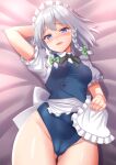  1girl :d apron arm_behind_head bangs bed bed_sheet blue_eyes blue_leotard braid cameltoe commission frills holding izayoi_sakuya leotard looking_at_viewer lying maid maid_apron maid_headdress medium_hair open_mouth short_sleeves skeb_commission smile solo thighs tokyo_yamane touhou touhou_tag_dream twin_braids white_hair wrestling_outfit 