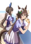  +_+ 2girls admire_vega_(umamusume) against_railing ahoge animal_ears bread brown_hair closed_mouth elbow_rest food green_eyes hat horse_ears horse_girl horse_tail leaning_forward long_hair looking_at_viewer low_ponytail mini_hat mini_top_hat misu_kasumi mr._c.b._(umamusume) multiple_girls puffy_short_sleeves puffy_sleeves purple_shirt railing sailor_collar school_uniform shirt short_sleeves sideways_glance skirt smile sound_effects tail top_hat tracen_school_uniform umamusume white_skirt 