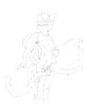 absurd_res anthro biped black_and_white blush bodysuit bulge cape cheek_tuft clothing facial_tuft flaccid front_view genitals hair hi_res male messy_hair monochrome narrowed_eyes oselotti penis pose short_hair signature sketch skinsuit solo standing tight_clothing torn_clothing tuft 