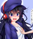  1girl beret black_hair blue_background blush breast_grab chizuru_(super_ledgehop) grabbing hat headphones hitodama jacket kredorf long_hair open_mouth purple_eyes shirt simple_background super_ledgehop:_double_laser sweat t-shirt translation_request 