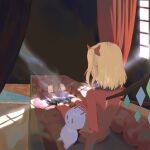  1girl barefoot bed blonde_hair coffin crystal disintegration flandre_scarlet highres one_side_up short_hair side_ponytail solo stuffed_animal stuffed_bunny stuffed_toy sunlight sweat teasmacker touhou vampire window wings 