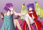  absurdres bare_shoulders barefoot blush cape dragon_girl dragon_wings dress feet fire_emblem fire_emblem:_the_sacred_stones highres licking licking_foot lute_(fire_emblem) multi-tied_hair multiple_girls myrrh_(fire_emblem) oirin open_mouth purple_eyes purple_hair red_eyes short_hair soles toes twintails wings yuri 