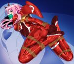  1girl absurdres arms_behind_back ass bdsm blush bodysuit bondage bound darling_in_the_franxx drawfagmona gag gagged green_eyes highres horns improvised_gag latex legs_folded long_hair looking_at_viewer pilot_suit pink_hair rope solo tape tape_gag zero_two_(darling_in_the_franxx) 