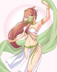  1girl arabian_clothes armpits arms_up bare_shoulders belly_dancing breasts brown_hair cleavage dancer dancing doki_doki_literature_club earrings green_eyes highres jewelry long_hair looking_at_viewer midriff monika_(doki_doki_literature_club) mouth_veil navel ponytail raion_(raionart) smile solo veil very_long_hair 