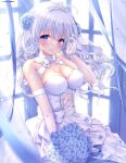  absurdres blush bouquet breasts bridal_veil cleavage dress flower grey_hair hair_flower hair_ornament highres holding holding_bouquet indoors lips looking_at_viewer medium_breasts no_bra original parted_lips purple_eyes smile standing sunlight tiara upper_body veil wedding_dress white_dress window yuyuko_(yuyucocco) 