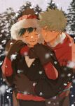  2boys bakugou_katsuki belt black_coat blonde_hair blurry blurry_background blush boku_no_hero_academia brown_bag brown_belt brown_gloves brown_headwear closed_eyes closed_mouth coat freckles fringe_trim fur-trimmed_coat fur-trimmed_headwear fur_trim gloves goodbye_glory green_hair hand_on_another&#039;s_arm hat highres hug hug_from_behind long_sleeves looking_at_another male_focus midoriya_izuku multiple_boys official_alternate_costume open_mouth outdoors red_eyes red_scarf scarf short_hair smile snowing spiked_hair standing tree yaoi 