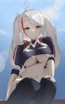  1girl absurdres azur_lane black_legwear breasts clothing_cutout cropped_jacket cropped_shirt day eyebrows_visible_through_hair highres hioblue jacket lens_flare long_hair looking_at_viewer multicolored_hair official_alternate_costume panties panty_straps prinz_eugen_(azur_lane) prinz_eugen_(final_lap)_(azur_lane) purple_jacket race_queen red_hair red_panties sitting smile solo streaked_hair teeth two-tone_hair two-tone_skirt underboob underboob_cutout underwear white_hair yellow_eyes 