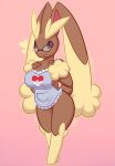  anthro bottomless breasts brown_body brown_fur clothed clothing eyewear female fur genitals glasses lopunny nintendo pink_background pok&eacute;mon pok&eacute;mon_(species) pussy red_eyes simple_background solo thanu video_games 