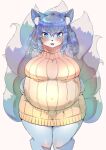  9_tails absurd_res anthro belly big_breasts biped black_nose blue_body blue_ears blue_eyes blue_fur blue_hair blue_inner_ear blue_tail blush breasts canid canine clothed clothing colored curvy_figure cute_fangs digital_media_(artwork) dipstick_ears dipstick_tail dress fangs female fluffy fluffy_tail fox front_view fully_clothed fur glistening glistening_hair hair hand_on_stomach hi_res holding_belly inner_ear_fluff kemono looking_at_viewer mammal markings monotone_hair multi_tail multicolored_ears multicolored_tail navel navel_outline open_mouth open_smile outie_navel portrait pregnant pregnant_female ribbed_clothing ribbed_sweater shaded shikibetsuko simple_background smile solo standing sweater sweater_dress tail_markings tan_clothing tan_dress tan_sweater tan_topwear teeth three-quarter_portrait tongue topwear tuft two_tone_ears two_tone_tail voluptuous whiskers white_background white_body white_ears white_fur white_inner_ear_fluff white_tail wide_hips 