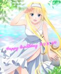  1girl :d alice_zuberg arm_up bangs bare_arms blonde_hair blue_eyes day dress hair_intakes happy_birthday highres long_hair looking_at_viewer open_mouth outdoors ponytail shiny shiny_hair side_slit sidelocks sleeveless sleeveless_dress smile solo sword_art_online tu_tora2 twitter_username very_long_hair white_dress 