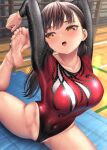  1girl arms_up athletic_leotard bangs bare_legs barefoot blush breasts brown_hair covered_navel eyebrows_visible_through_hair feet highres holding_own_foot indoors kase_daiki large_breasts leotard long_hair long_sleeves looking_away mole mole_under_mouth open_mouth original red_leotard soles solo sweat twintails very_long_hair wooden_floor yellow_eyes yoga yoga_mat 