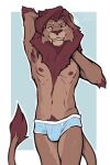  anthro armpit_hair body_hair clothed clothing clyde_wolf digital_media_(artwork) disney ear_piercing ear_ring felid fur hair hi_res lion male mammal mane nipples pantherine piercing pubes simba simple_background smile solo the_lion_king underwear 