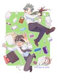  1girl 2boys :o bag bangs belt black_hair black_necktie black_pants book bottle brown_belt brown_footwear brown_hair cellphone coffee coffee_mug commentary_request copyright_name cup earphones envelope etra-chan_wa_mita! etra_(etra-chan_wa_mita!) eyebrows_visible_through_hair flying_paper full_body glasses green_hair highres holding holding_cup kuroki_(etra-chan_wa_mita!) long_sleeves looking_at_viewer looking_up mug multiple_boys necktie notebook nyako_(lhq3p) open_mouth pants paper pen phone power_bank shirt shoes smartphone spiked_hair stapler sweatdrop tokusa_(etra-chan_wa_mita!) undercut wallet watch white_shirt wristwatch 