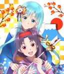  2girls :d ahoge asuna_(sao-alo) blonde_hair blue_eyes blue_kimono bow cherry_blossom_print closed_mouth floral_print fur-trimmed_kimono fur_trim hair_bow hair_intakes hands_on_another&#039;s_shoulder head_tilt headband highres japanese_clothes kimono long_hair long_sleeves looking_at_viewer multiple_girls open_mouth orange_bow pointy_ears print_sleeves purple_hair purple_kimono red_eyes red_headband shiny shiny_hair sidelocks smile striped striped_kimono sword_art_online tu_tora2 twitter_username very_long_hair wide_sleeves yukata yuuki_(sao) 