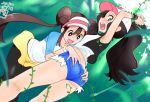  2girls ass_grab baseball_cap black_legwear blue_eyes brown_hair denim denim_shorts double_bun hat hilda_(pokemon) long_hair mimic_(ryon733) multiple_girls open_mouth pantyhose pokemon pokemon_(game) pokemon_bw pokemon_bw2 rosa_(pokemon) shorts smile tickling twintails wristband 