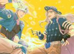  2boys battle_tendency beard blonde_hair blue_jacket bubble caesar_anthonio_zeppeli cape facial_hair facial_mark feather_hair_ornament feathers fingerless_gloves gloves gyro_zeppeli hair_ornament hat headband hydrokinesis jacket jojo_no_kimyou_na_bouken light_brown_hair long_hair male_focus mubebe_0p multiple_boys pink_scarf scarf steel_ball steel_ball_run water white_hair 